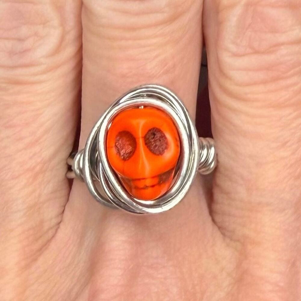 Orange skull ring wire wrap handmade